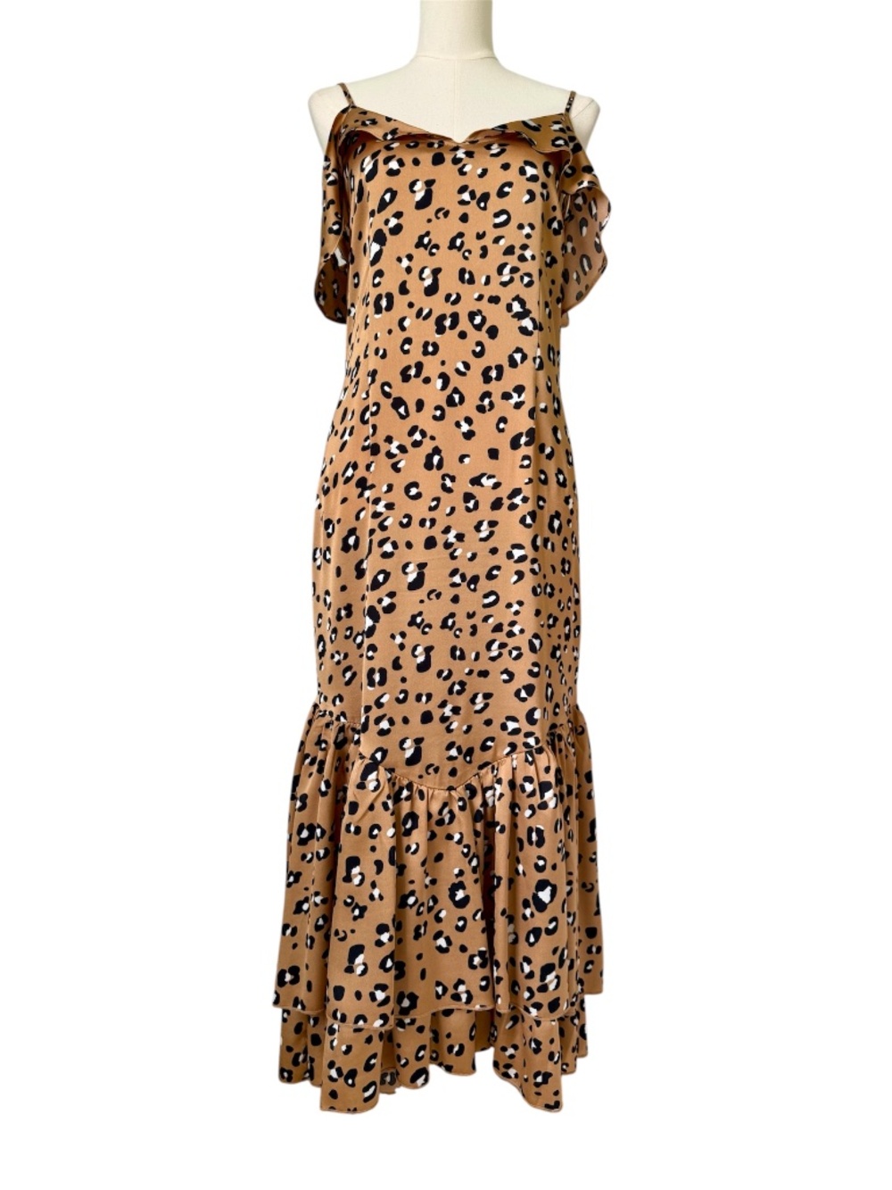 NEVER FULLY DRESSED | Leopard Print Cold Shoulder Ruffle Hem Midi Dress Sz 10